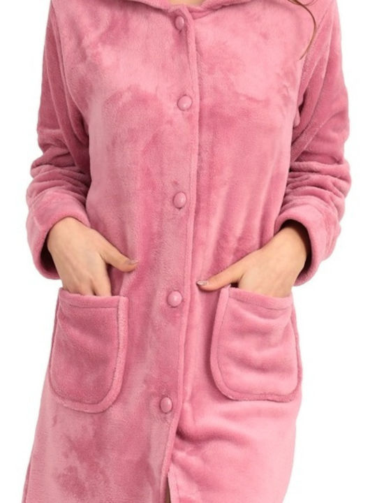 Lydia Creations Χειμερινή Γυναικεία Fleece Ρόμπα Ροζ