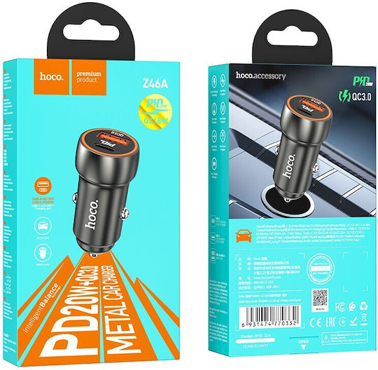 Hoco Z46A Autoladegerät 18W 3A Schnellladen mit Anschlüssen: 1xUSB-A 1xType-C Graue Farbe