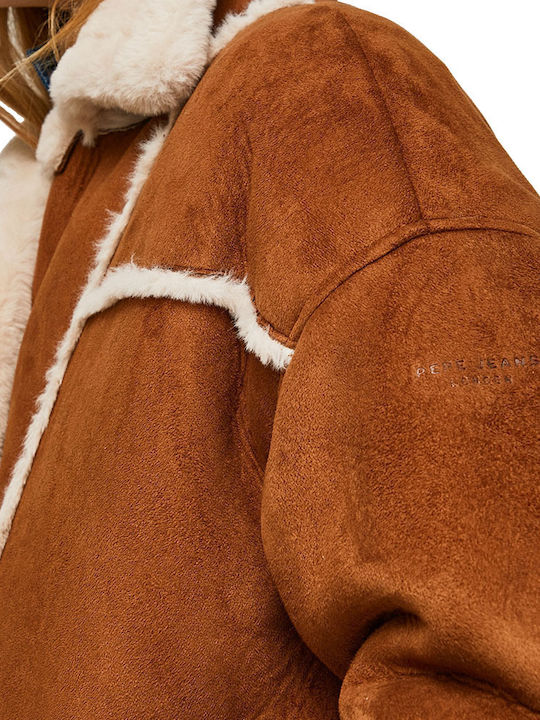 Althea Κοντό Suede Γυναικείο Μπουφάν για Χειμώνα Καφέ