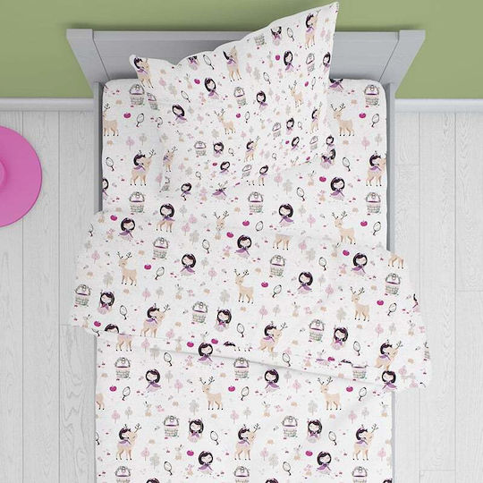 Dimcol Σετ Σεντόνια Μονά Βαμβακερά Lily + Deer 179 White-Pink 160x240cm 2τμχ