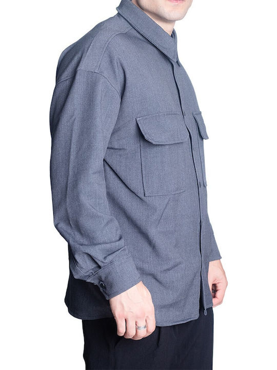 Long Sleeve Cotton Overshirt in Wide Line Gray