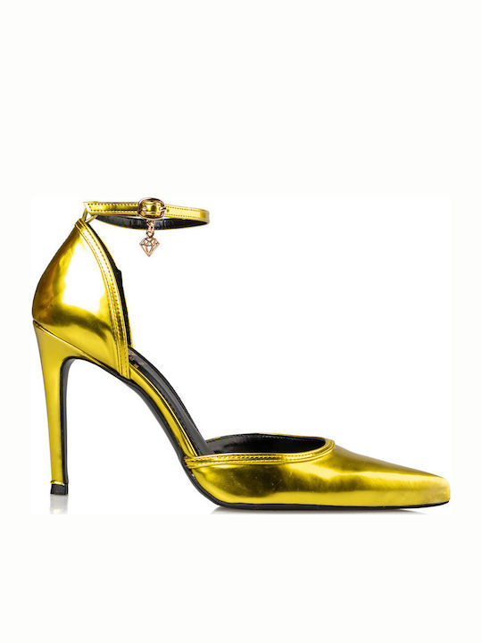 Patent Leather Pointed Toe Yellow Heels with Strap