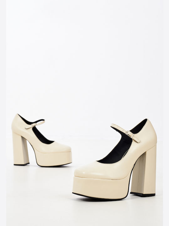 Patent Leather Beige Heels with Strap