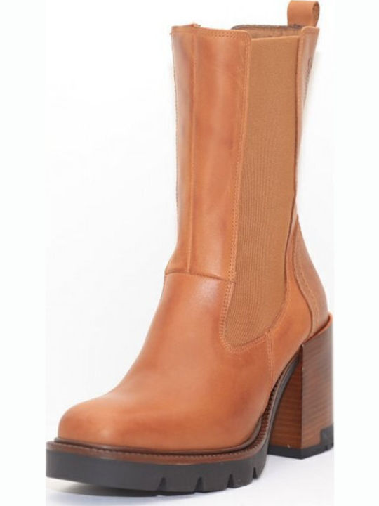 Leather Women's Chelsea Boots with High Heel Tabac Brown