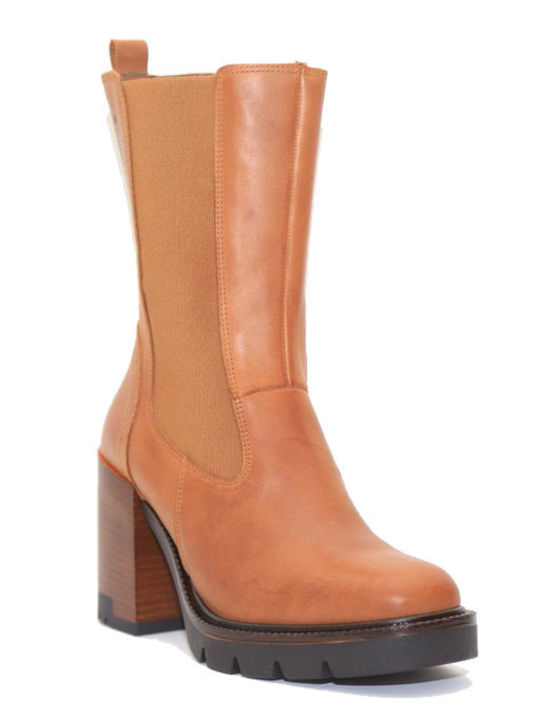 Leather Women's Chelsea Boots with High Heel Tabac Brown