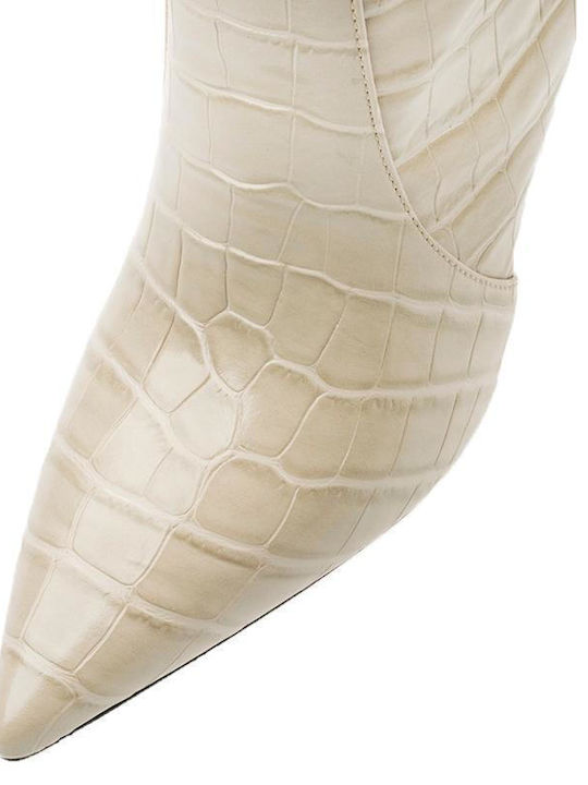 Leder Damenstiefel mit mittlerem Absatz Beige Croco