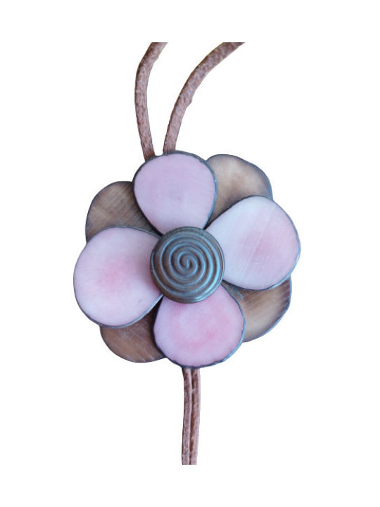 Long necklace with cord and wooden decorative flower brown-pink