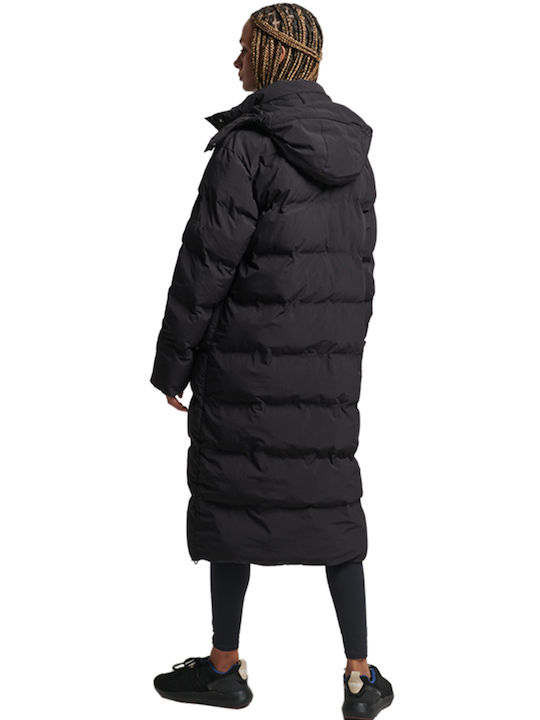 Superdry Women's Long Puffer Jacket for Winter with Hood Black