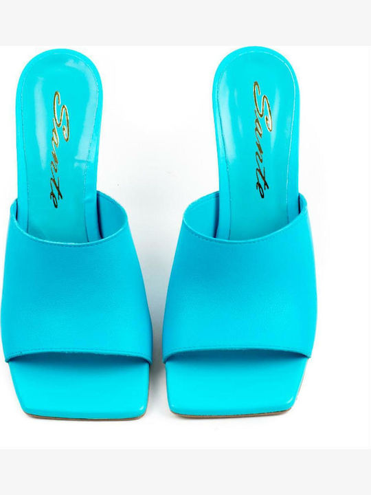 Leather Mules with Thin High Heel in Blue Color