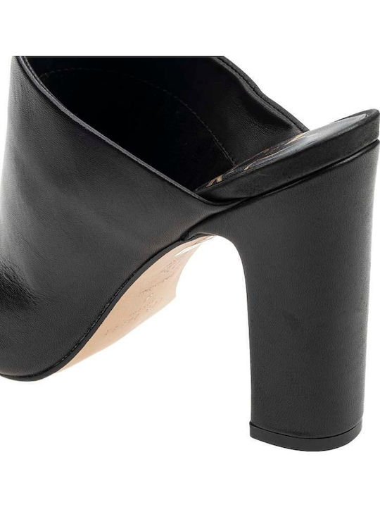 Leather Mules with Chunky High Heel in Black Color