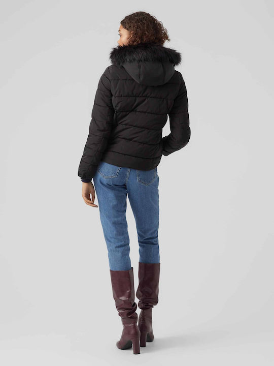 Vero Moda Scurt Jachetă de femei Puffer cu glugă de blană pentru iarnă Negru