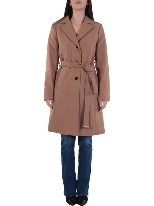 Women's Camel Coat with Fur Details