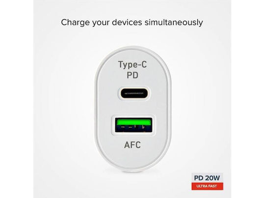 SBS Φορτιστής Χωρίς Καλώδιο με Θύρα USB-A και Θύρα USB-C 20W Power Delivery Λευκός (TETRPD20W)