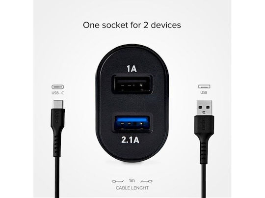SBS Φορτιστής με 2 Θύρες USB-A και Καλώδιο USB-C Μαύρος (TEKITTRC2U2AFASTK)