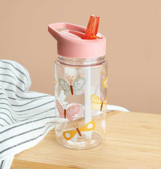 A Little Lovely Company Butterflies Kids Water Bottle Butterfly Plastic with Straw Butterflies 450ml (Various Designs/Colours)