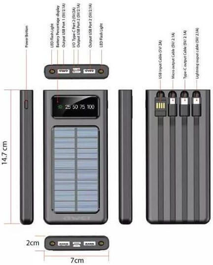 Awei P130K Ηλιακό Power Bank 10000mAh με 2 Θύρες USB-A και Θύρα USB-C Quick Charge 3.0 Μαύρο