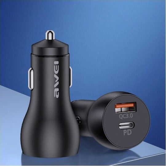 Awei C-822 Car Charger 18W 3A Fast Charging with Ports: 1xUSB 1xType-C Black Color