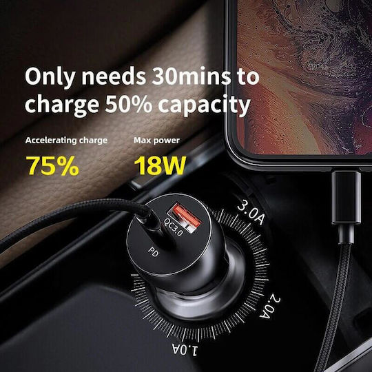 Awei C-822 Car Charger 18W 3A Fast Charging with Ports: 1xUSB 1xType-C Black Color