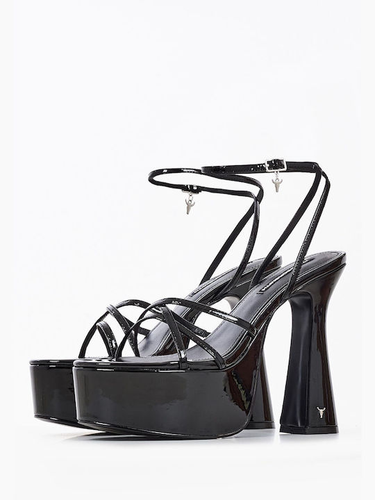 Windsor Smith Platform Patent Leather Women's Sandals Heartbreak with Strass & Ankle Strap Black