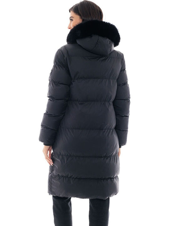 Women's Long Puffer Jacket for Winter with Detachable Hood Black