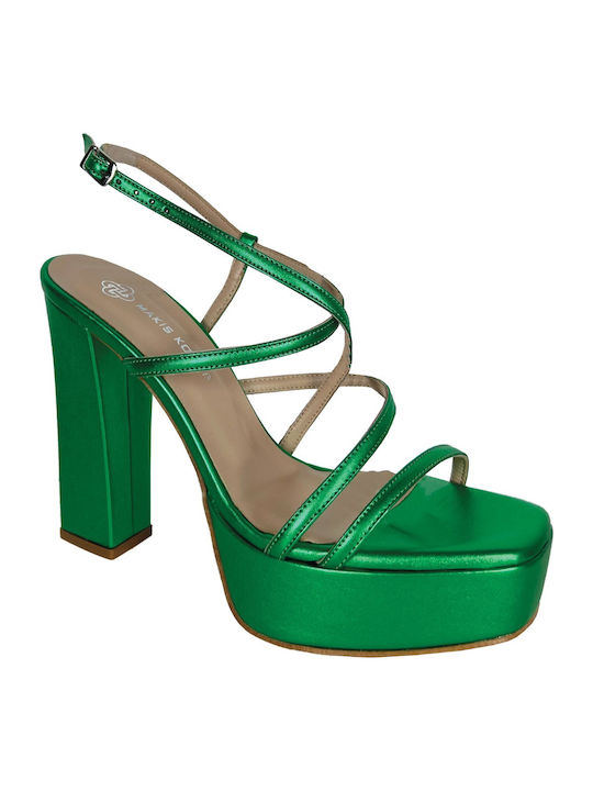 Makis Kotris Platform Leather Women's Sandals Green with Chunky High Heel