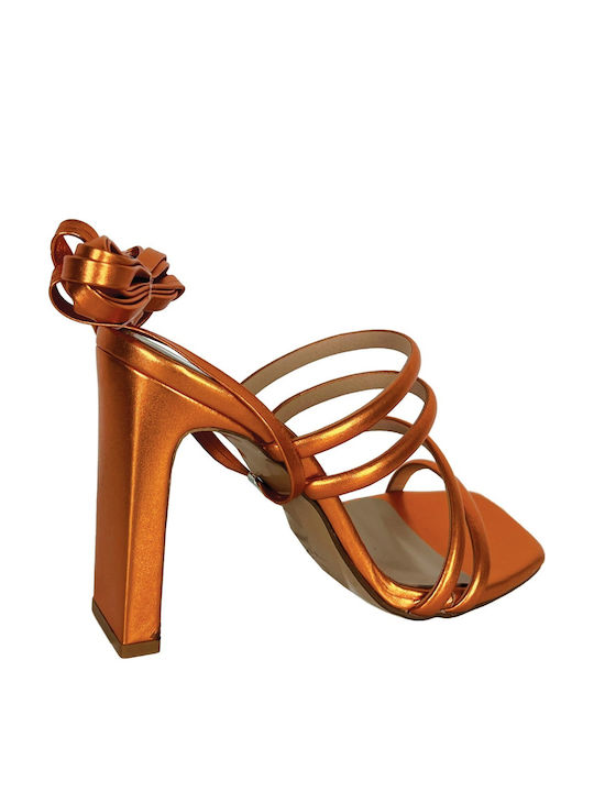 Leather Women's Sandals Orange Metal with Thin High Heel