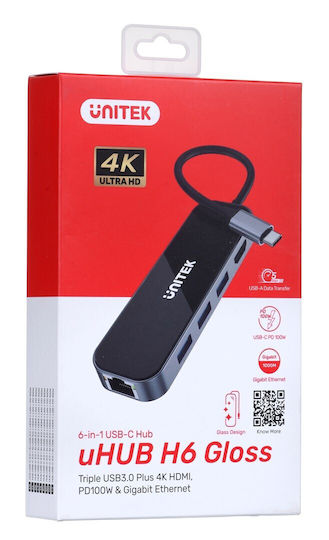 Unitek USB-C Docking Station με HDMI 4K PD Ethernet Μαύρο (D1084A)