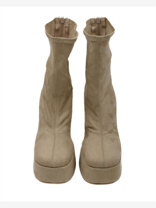 Suede Γυναικεία Μποτάκια με Ψηλό Τακούνι Μπεζ