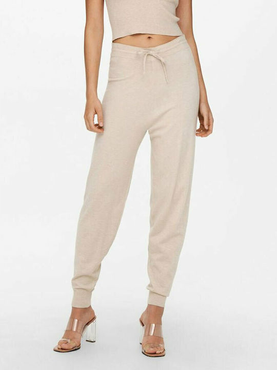 Only Women's High-waisted Fabric Trousers with Elastic in Slim Fit Beige