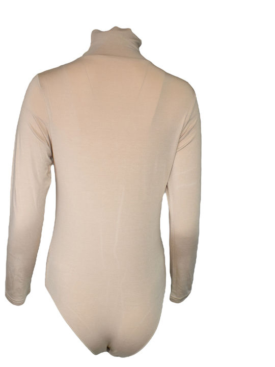 Apple Boxer Lingerie Long Sleeve Turtleneck Bodysuit Beige