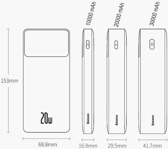 Baseus Bipow Overseas Edition Power Bank 10000mAh 20W with 2 USB-A Ports and USB-C Port White