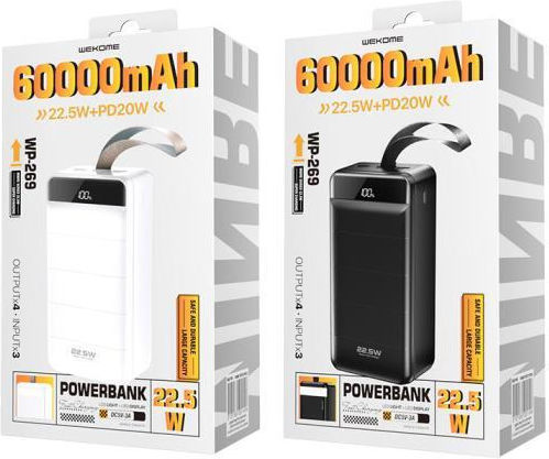 WK WP-269 Power Bank 60000mAh 22.5W με 3 Θύρες USB-A και Θύρα USB-C Minre Black