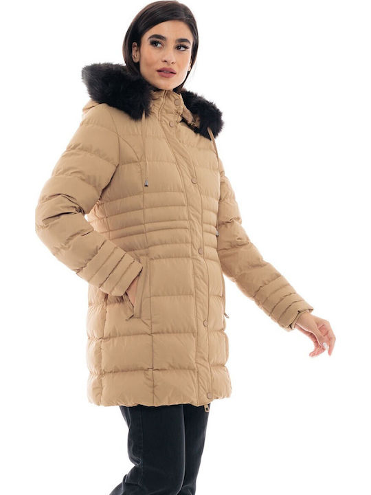 Kurz Damen Puffer Jacke mit pelziger Kapuze für Winter Beige