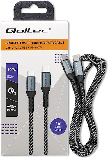 Qoltec Braided USB 2.0 Cable USB-C male - USB-C 100W Μαύρο 1m 52357