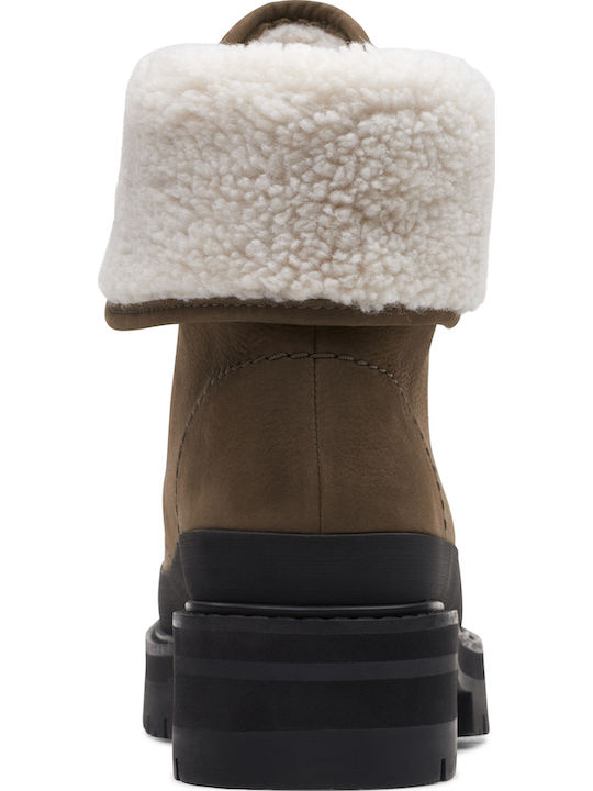 Orianna Turn Leather Women's Ankle Boots with Fur Khaki