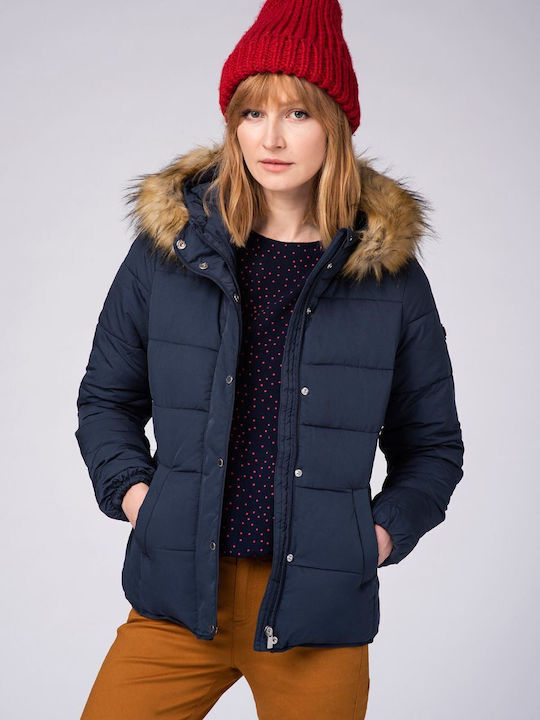 Volcano J-RAFI Longline Quilted Puffer Coat with Faux Fur Trim Hood - Navy