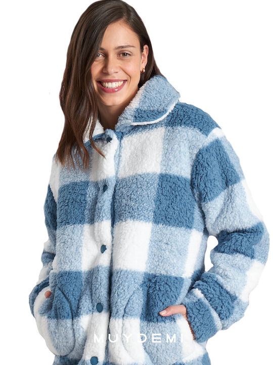 Muydemi Winter Damen Vlies Pyjama-Jacke Blau