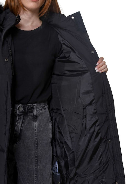 Women's Long Puffer Jacket for Winter with Detachable Hood Black