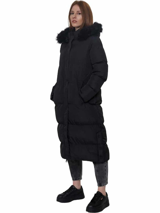 Women's Long Puffer Jacket for Winter with Detachable Hood Black