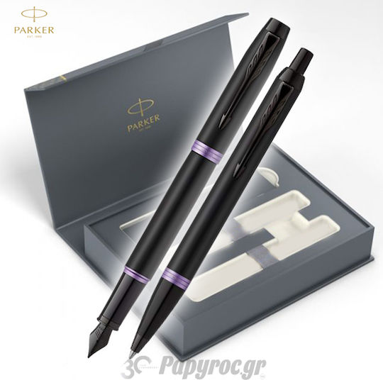 Parker IM Vibrant Rings Pen Set Ballpoint with Fountain Pen made of Steel Amethyst Purple in a case (in a paper cassette)