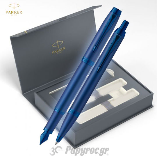 Parker I.M Mono Pen Set Ballpoint Medium with Fountain Pen Medium made of Steel Blue in a case (in a paper cassette)