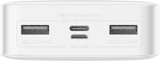 Baseus Bipow Overseas Edition Power Bank 20000mAh 15W cu 2 Porturi USB-A și Port USB-C Alb