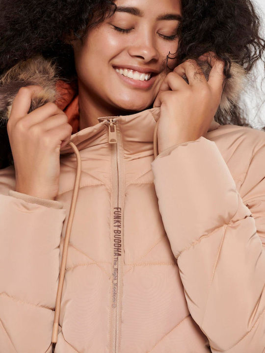 Kurz Damen Puffer Jacke mit pelziger Kapuze für Winter Beige
