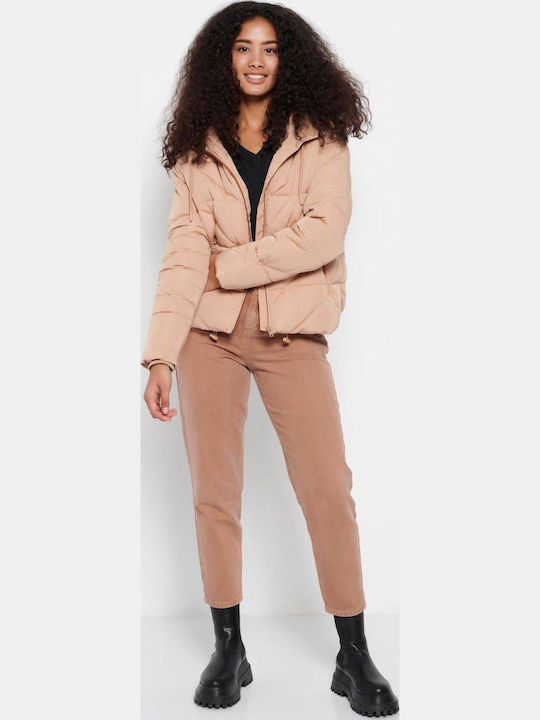 Kurz Damen Puffer Jacke mit pelziger Kapuze für Winter Beige