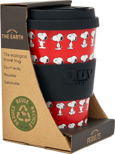 QuyCup Snoopy Becher Bamboo mit Deckel Rot 400ml