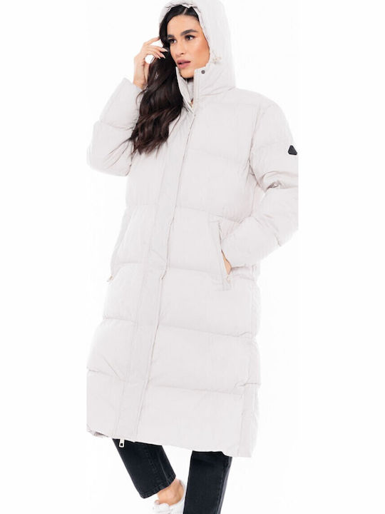 Women's Long Puffer Jacket for Winter with Hood White
