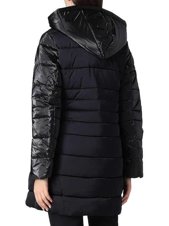 Imbottito Women's Long Puffer Jacket for Winter with Hood Black