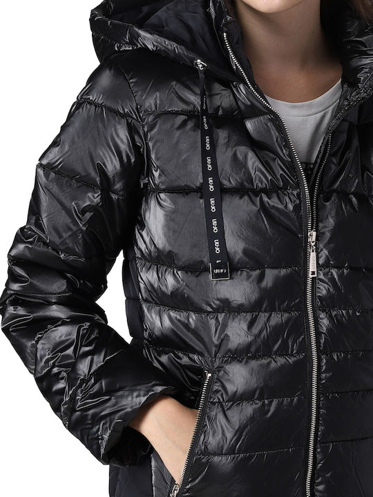 Imbottito Women's Long Puffer Jacket for Winter with Hood Black