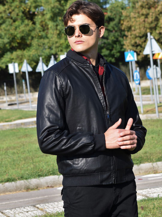 Men's Jacket in technical leather with lining and detachable hood (black color) (W10)