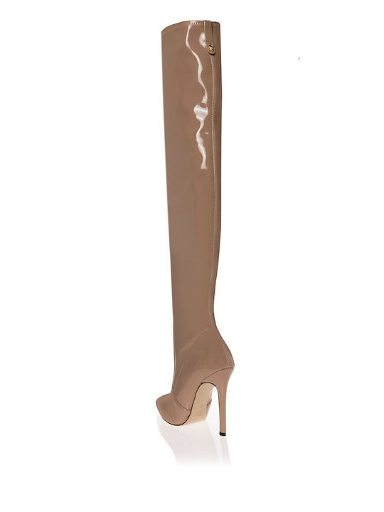 Patent Leather Over the Knee High Heel Women's Boots with Zipper Tabac Brown